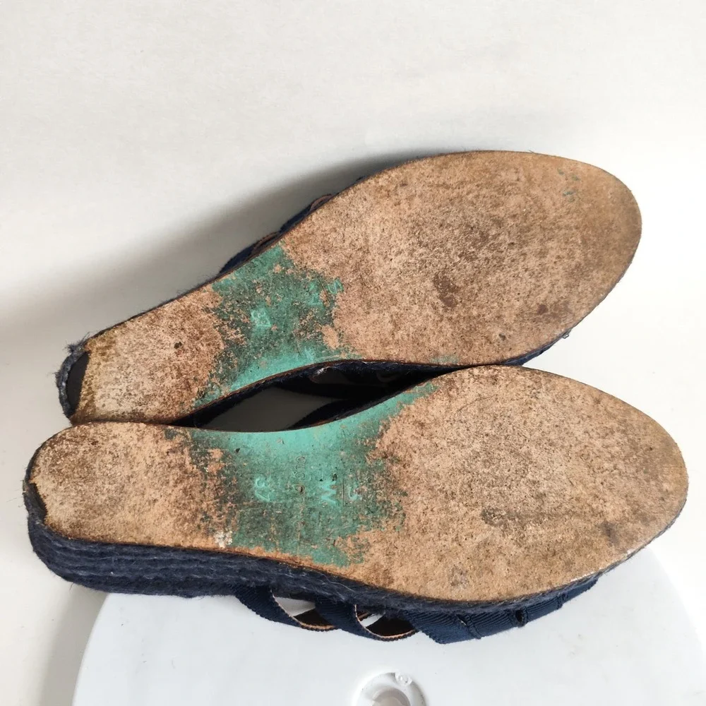 Stubbs & Wootton Sandals 37 / 6 Espadrille Wedge Blue‎ Ribbon Slip On Open Toe
